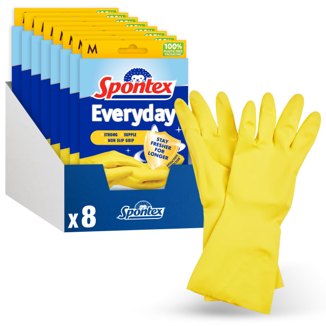Spontex Everyday Rubber Gloves | Medium Size | Antibacterial Protection | Non-Slip Grip | Natural Latex with 100% Recycled Cotton Lining | 8 Pairs