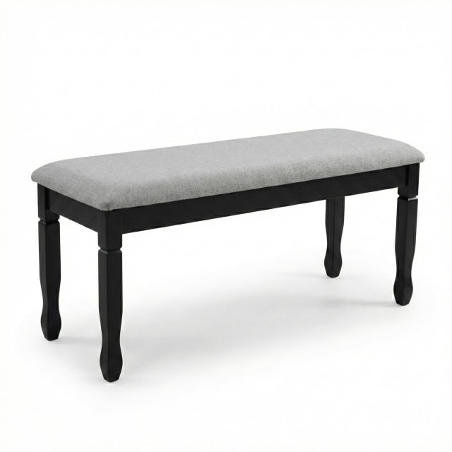Modern Grey Upholstered Dining Bench, Black Finish Solid Rubberwood