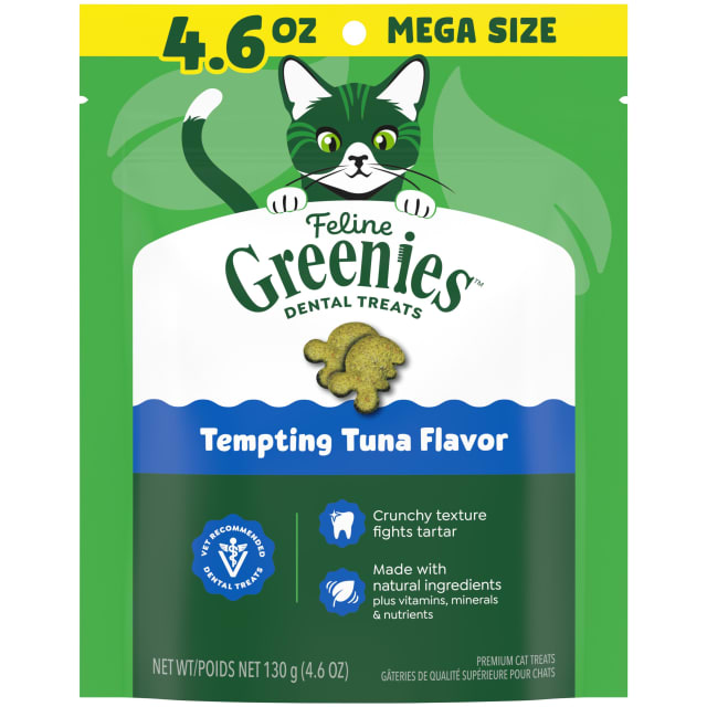 FELINE GREENIES Adult Dental Cat Treats, Tempting Tuna Flavor, 4.6 oz. Pouch