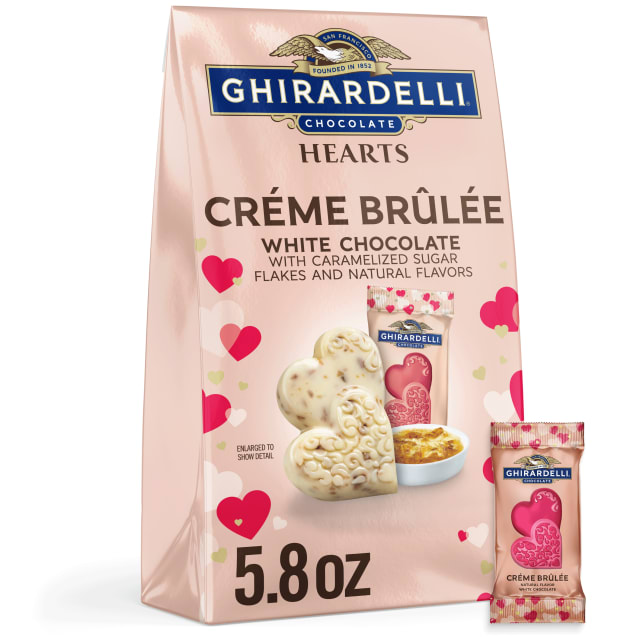 GHIRARDELLI White Chocolate Creme Brulee Hearts, Chocolate Hearts for Valentines, 5.8 OZ Bag