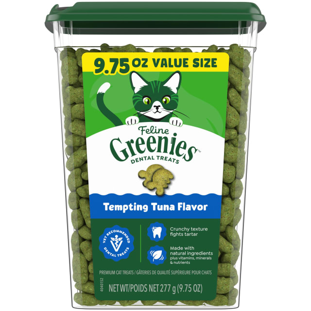 FELINE GREENIES Adult Dental Cat Treats, Tempting Tuna Flavor, 9.75 oz. Tub