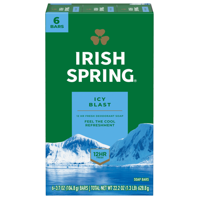 Irish Spring Icy Blast Deodorant Bar Soap for Men, With Flaxseed Oil, 12 Hour Fresh Deodorant Soap, 3.7 oz Bar (6 Pack)