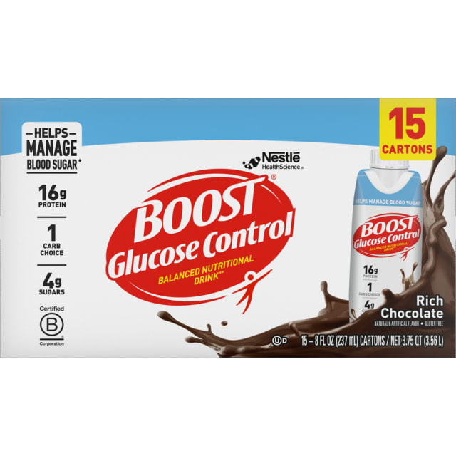 BOOST Glucose Control Nutritional Drink Protein Shakes, Rich Chocolate, 8 fl oz, 15 Pack