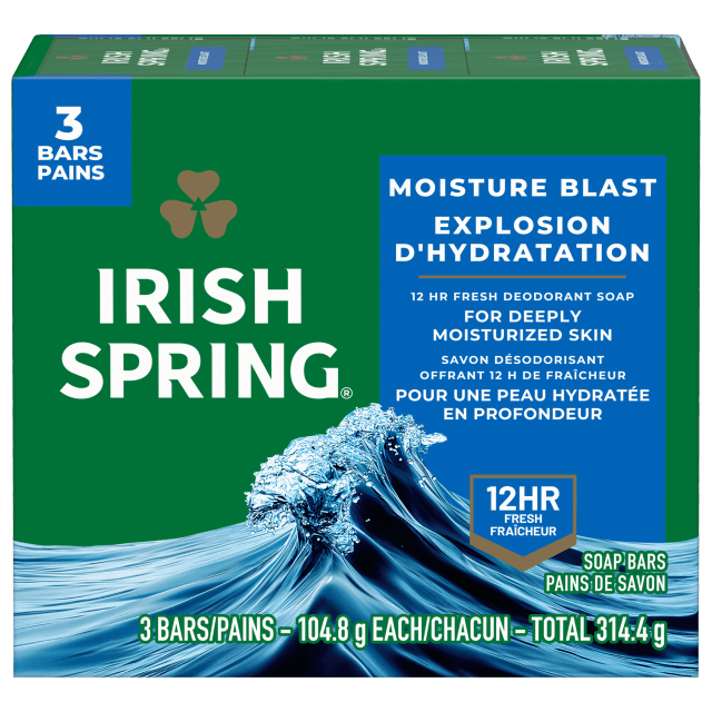 Pain de savon désodorisant Irish Spring Moisture Blast pour homme, Savon désodorisant offrant 12 heures de fraîcheur, Pain de 104,8 g (lot de 3)