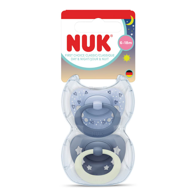 Sucettes de nuit pour bb NUK First Choice classique, 6 18mois, sucettes orthodontiques qui brillent dans le noir, 95% dacceptation des bbs**, bleu, 2pices