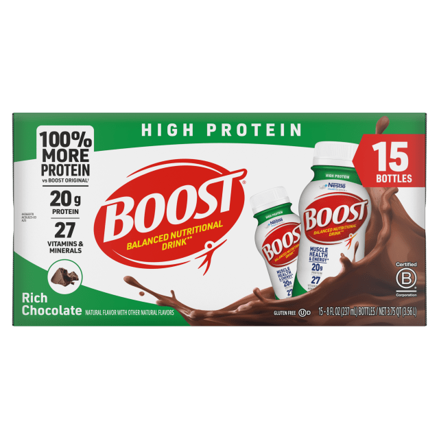 BOOST 20g High Protein Nutritional Drink Shakes, Rich Chocolate, 8 fl oz, 15 Pack