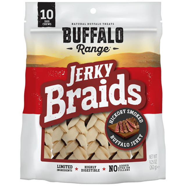 Buffalo Range Rawhide Dog Treats | Healthy, Grass-Fed Buffalo Jerky Raw Hide Chews | Hickory Smoked Flavor | Jerky Braids, 10 Count