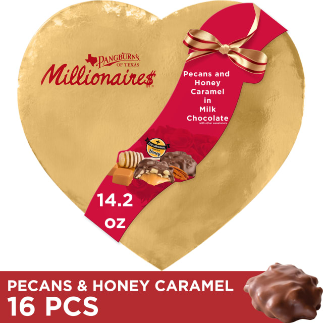 PANGBURN'S OF TEXAS Millionaires Valentine's Day Gold Foil Heart Milk Chocolate Covered Pecans and Honey Caramel Candy Gift Box, 14.2 oz.