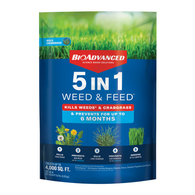 704860E, BioAdvanced 5-in-1 Weed and Feed 9.6 LBS
