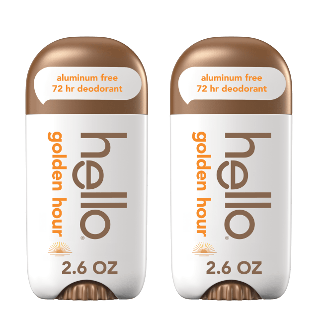 hello Golden Hour Aluminum Free Deodorant for Women and Men, 72-Hour Deodorant, Only 9 Ingredients, Baking Soda Free, Enriched with Shea Butter, Vegan, 2.6 oz Stick Deodorant (2 Pack)