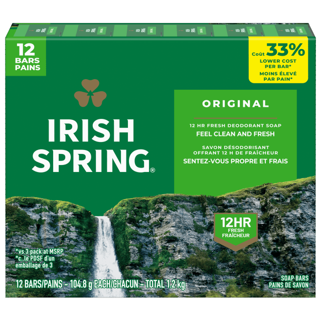 Pain de savon désodorisant Irish Spring Original pour homme, Avec huile de lin, Savon désodorisant offrant 12 heures de fraîcheur, Pain de 104,8 g (lot de 12)
