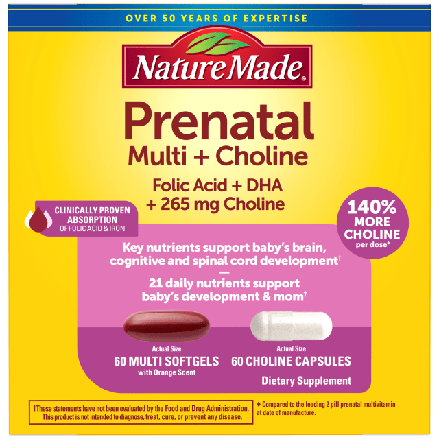 Nature Made Prenatal Vitamin Softgels + Choline Capsules, Folic Acid + DHA + Choline, 60 Prenatal Vitamins for Women, 60 Choline Supplements Capsules, 60 Day Supply