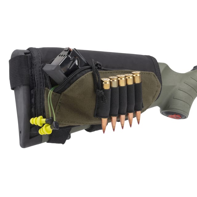 Allen Company Allen Deluxe Buttstock Shell Holder - 5 Cartridge Rifle Carrier with Accessory Pouch, Adjustable Hook & Loop, Plush Cheek Rest
