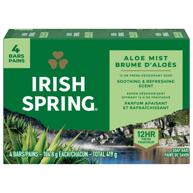 Pain de savon désodorisant Irish Spring Aloe Mist pour homme, Savon désodorisant offrant 12 heures de fraîcheur, Pain de 104,8 g (lot de 4)