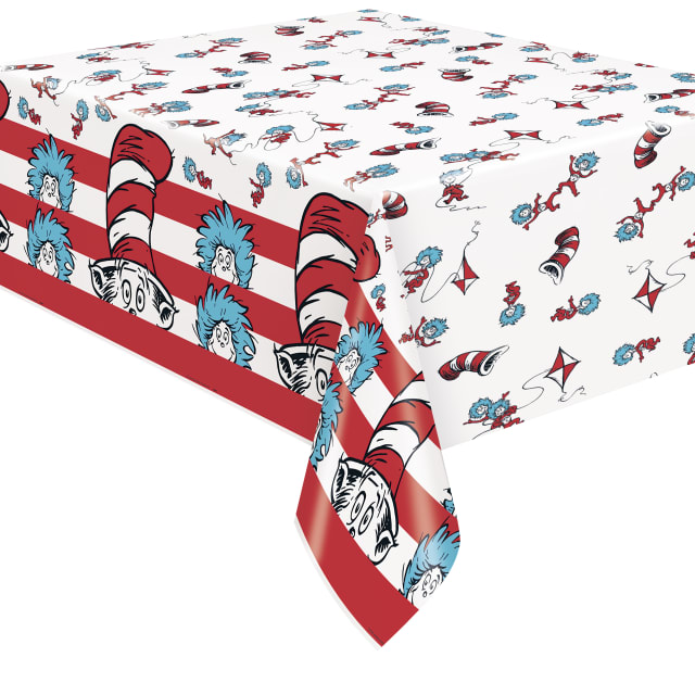 44779  Cat in the Hat Rectangular Plastic Table Cover, 54" x 84" - Short Fold