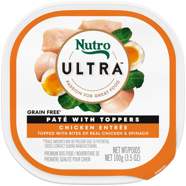 NUTRO ULTRA Grain Free Adult Soft Wet Dog Food Paté With Toppers Chicken Entrée topped with bites of real chicken & spinach, (24) 3.5 oz. Trays