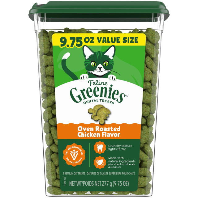 FELINE GREENIES Adult Dental Cat Treats, Oven Roasted Chicken Flavor, 9.75 oz. Tub