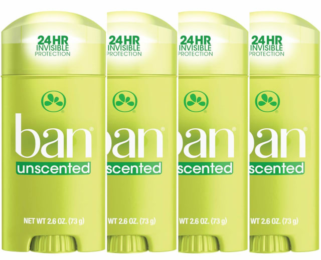 Ban Invisible Solid Antiperspirant Deodorant, Unscented, 2.6 Oz, 4 Pack