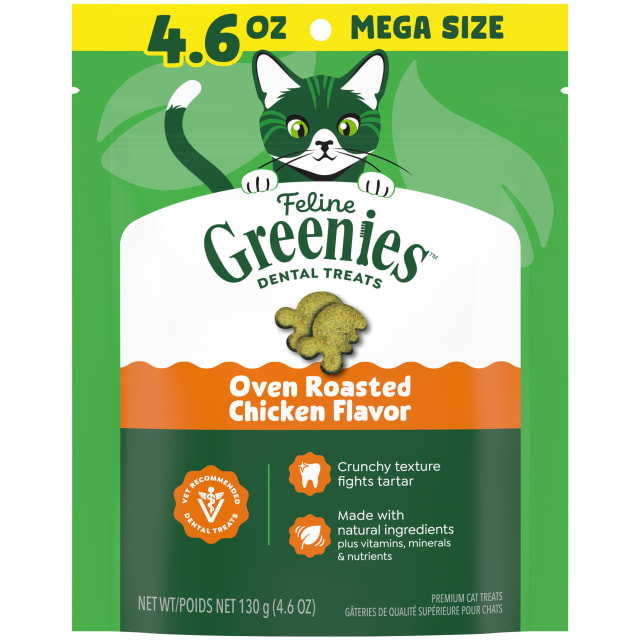 FELINE GREENIES Adult Natural Dental Care Cat Treats, Oven Roasted Chicken Flavor, 4.6 oz. Pouch