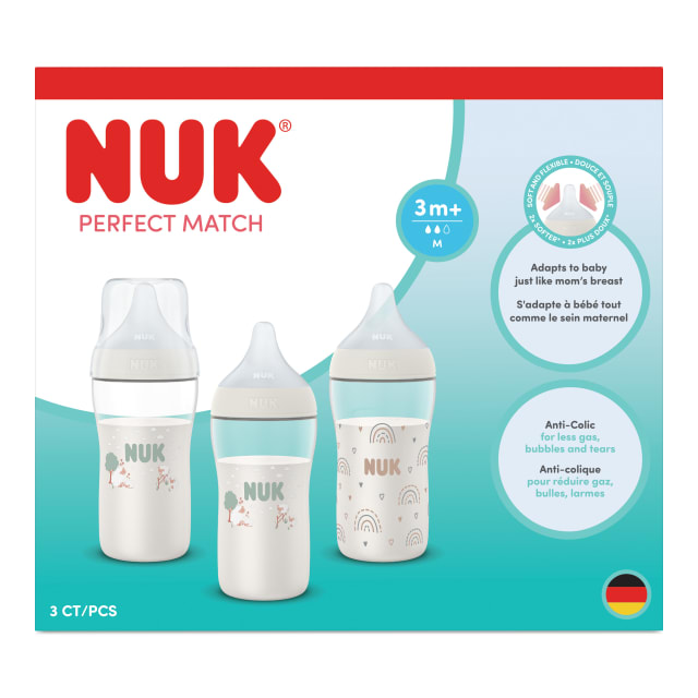 Biberon pour bb NUK Perfect Match, 3+mois, 260ml, biberon anti-coliques, plastique, indicateur de contrle de la temprature, mouton, 3pices
