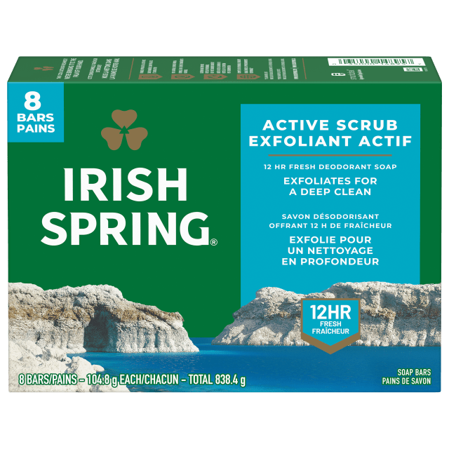 Pain de savon exfoliant Irish Spring Active Scrub pour homme, Avec huile de lin, Savon désodorisant offrant 12 heures de fraîcheur, Pain de 104,8 g (lot de 8)