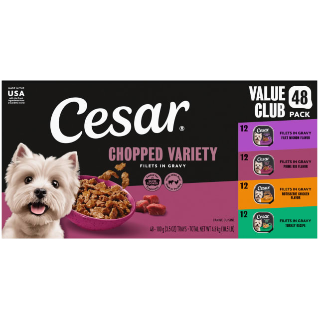 Cesar Filets in Gravy Variety Pack Adult Wet Dog Food, 3.5 oz Easy Peel Dog Food Trays, 48 Count
