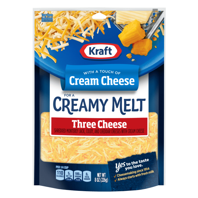 Kraft Three Cheese Shredded Cheese With A Touch Of Cream Cheese for A Creamy Melt, 8 oz Bag