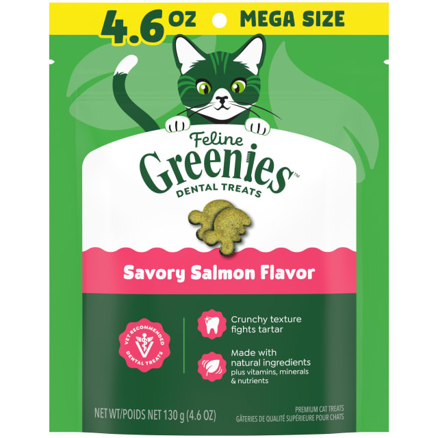FELINE GREENIES Adult Natural Dental Care Cat Treats, Savory Salmon Flavor, 4.6 oz. Pouch