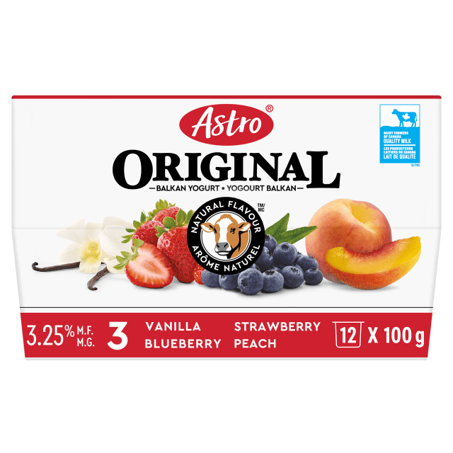 Astro Original Balkan Style Peach/Strawberry/Blueberry/Vanilla Yogurt 3.25%, 12x100g