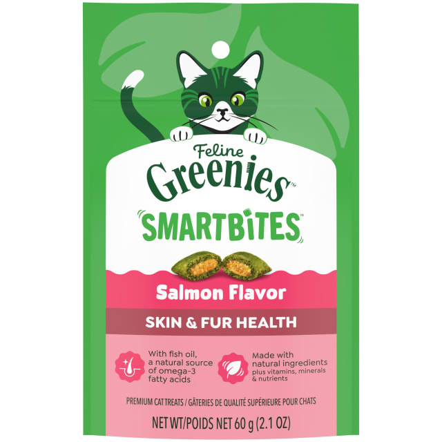 FELINE GREENIES SMARTBITES Skin & Fur Crunchy and Soft Natural Cat Treats, Salmon Flavor, 2.1 oz. Pack