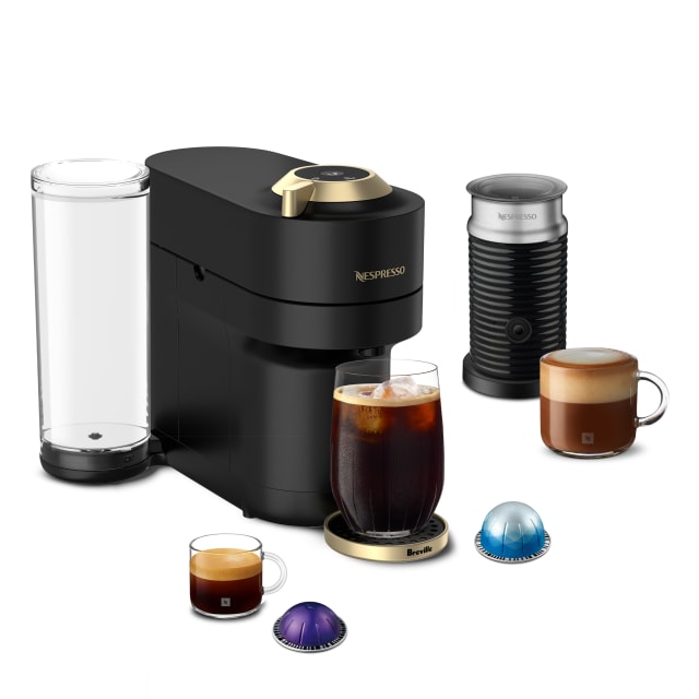Nespresso Vertuo Pop+ Deluxe Coffee and Espresso Maker with Milk Frother by Breville, Matte Black with Gold