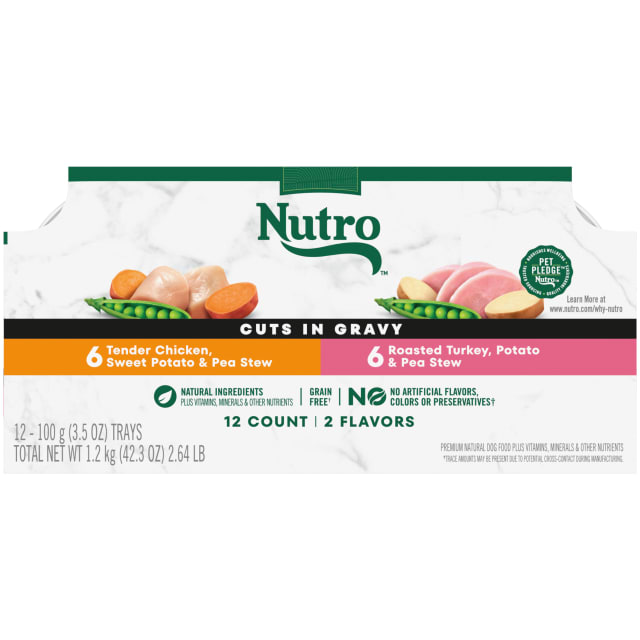 NUTRO Adult Natural Grain Free Wet Dog Food Cuts in Gravy Tender Chicken, Sweet Potato & Pea Stew, Roasted Turkey, Potato & Pea Stew Variety Pack, (12) 3.5 oz. Trays