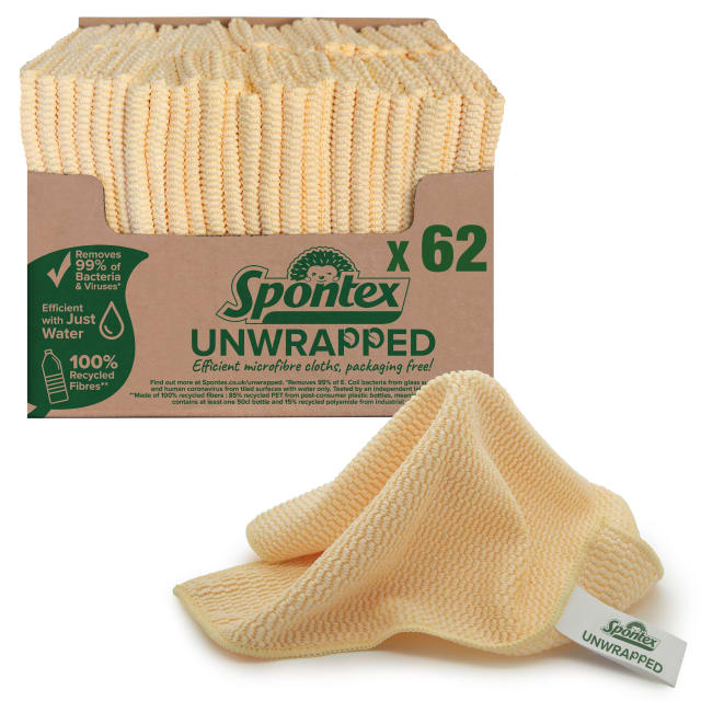 Spontex Unwrapped Microfibre Cloths for Cleaning | 62 x Packaging Free Microfibre Cleaning Cloths | For Use as Dusters, Dish Cloths & Kitchen Towels | 30 x 30cm | Made of 100% Recycled Fibres*