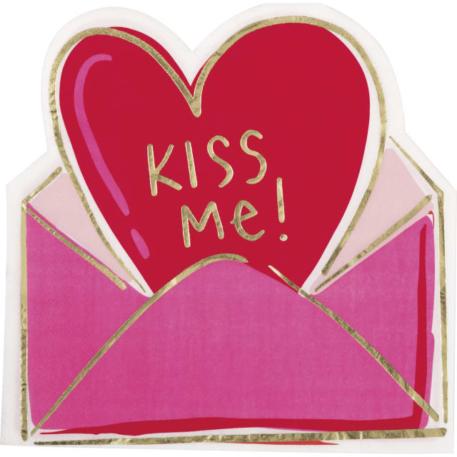 98612  Red &amp; Pink Valentines "Kiss Me!" Shaped Luncheon Napkin, 16ct - Foil Stamping