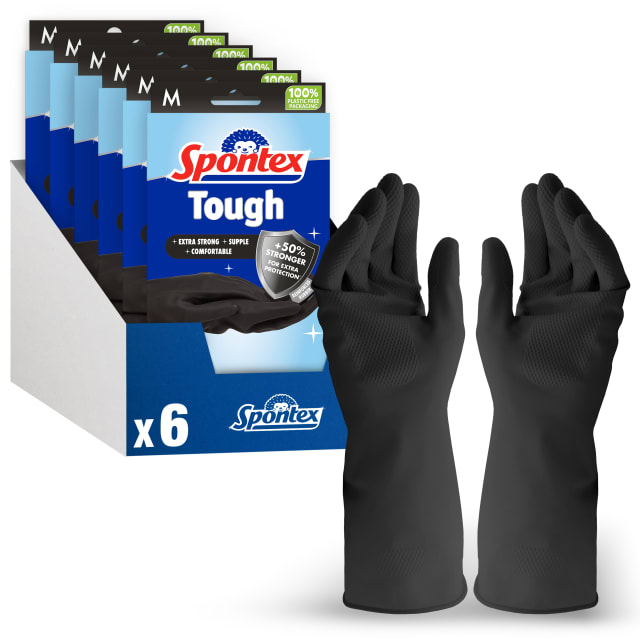 Spontex Tough Reusable Rubber Gloves Value Pack | Medium Size | +50% Stronger for Extra Protection | Non-Slip Grip | 6 Pairs