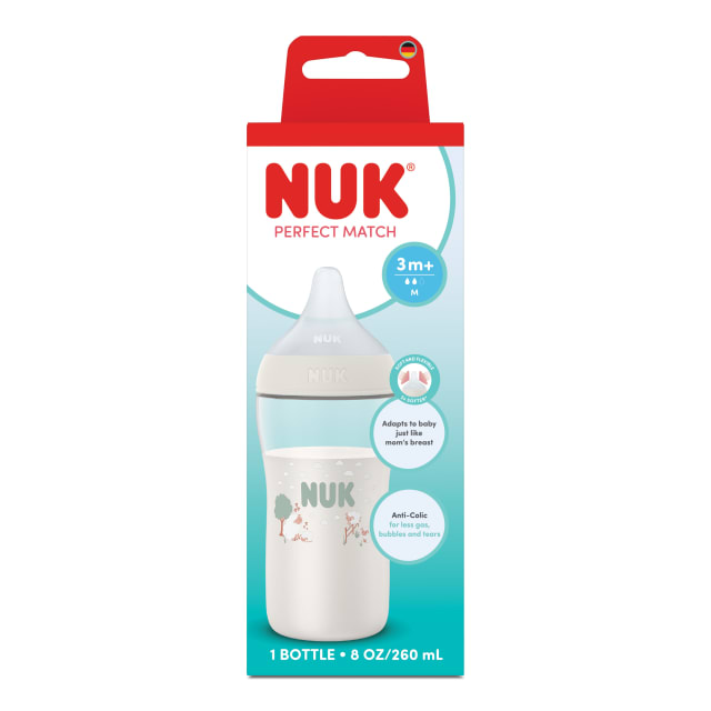 Biberon pour bb NUK Perfect Match, 0+mois, 260ml, biberon anti-coliques, plastique, indicateur de contrle de la temprature, mouton, 1pice