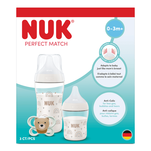 Ensemble de biberons et de sucette pour bb nouveau-n NUK Perfect Match nouveau-ns, 0 3mois, 2 x biberons anti-coliques (150ml, 260ml), 1 x sucette are Accord parfait, arc-en-ciel, 3pices