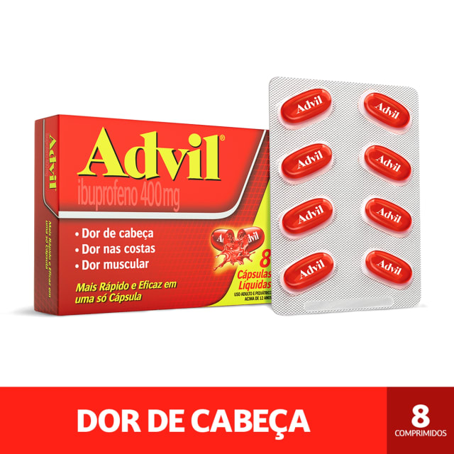 Advil 400mg Ibuprofeno Alívio Rápido da Dor de Cabeça Caixa 8 Cápsulas