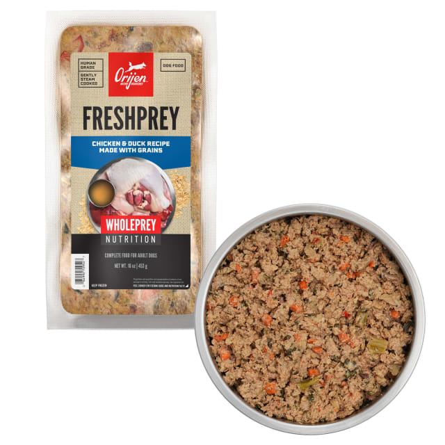ORIJEN FRESHPREY Frozen Dog Food – 100% Human Grade, Gently Steam Cooked, Thaw and Serve - 85% Animal Ingredients* – Chicken & Duck Recipe Made with Grains - Complete Food for Adult Dogs