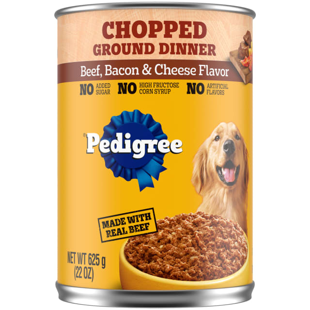 PEDIGREE CHOPPED GROUND DINNER Adult Canned Soft Wet Dog Food Beef, Bacon & Cheese Flavor, 22 oz. Cans 12 Pack
