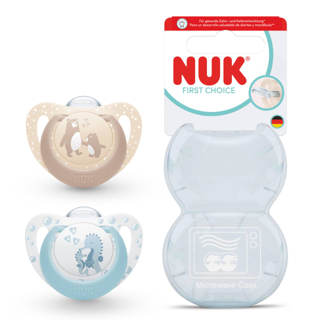 NUK First Choice Chupete para beb | 0-6 meses | Chupetes ortodnticos | Calma al 99% de los bebs** | Oso / Caballito de mar | 2 unidades