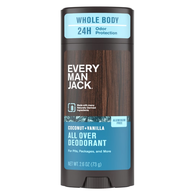 Every Man Jack All Over Deodorant - 24 Hour Whole Body Odor Protection - Aluminum Free - Coconut + Vanilla Scent 2.6 oz (1 Pack)