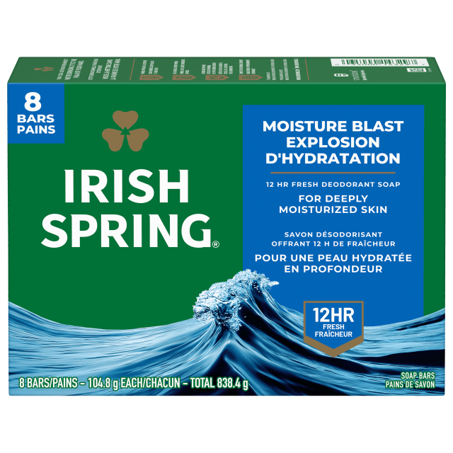 Pain de savon désodorisant Irish Spring Moisture Blast pour homme, Savon désodorisant offrant 12 heures de fraîcheur, Pain de 104,8 g (lot de 8)