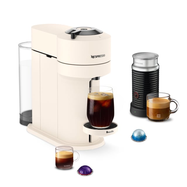 Nespresso Vertuo Next Premium Coffee and Espresso Maker with Aeroccino3 Milk Frother by Breville, Creamy White and Dark Chrome