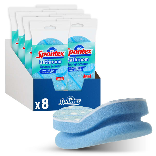Spontex Bathroom Sponge Scourers Value Pack | Powerful & Non-Scratch | Easy to Grip & Large for Bathrooms/Showers | 8 Count
