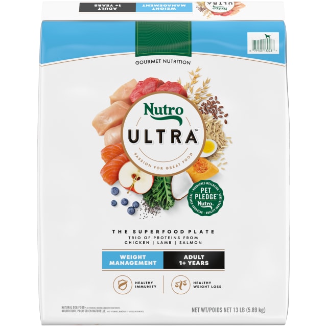 Nutro Ultra Adult Weight Management Dry Dog Food, Chicken, Lamb and Salmon Protein Trio, 13 lb Bag