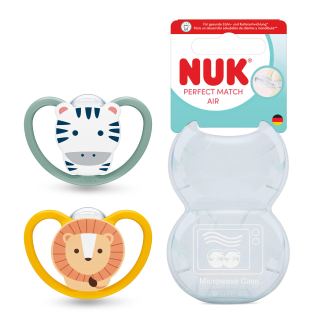 NUK Perfect Match Air Chupete | 6-18 meses | Chupetes ortodnticos que facilitan la ventilacin y evitan la irritacin | 95% de aceptacin por parte de los bebs** | Cebra / Len | 2 unidades