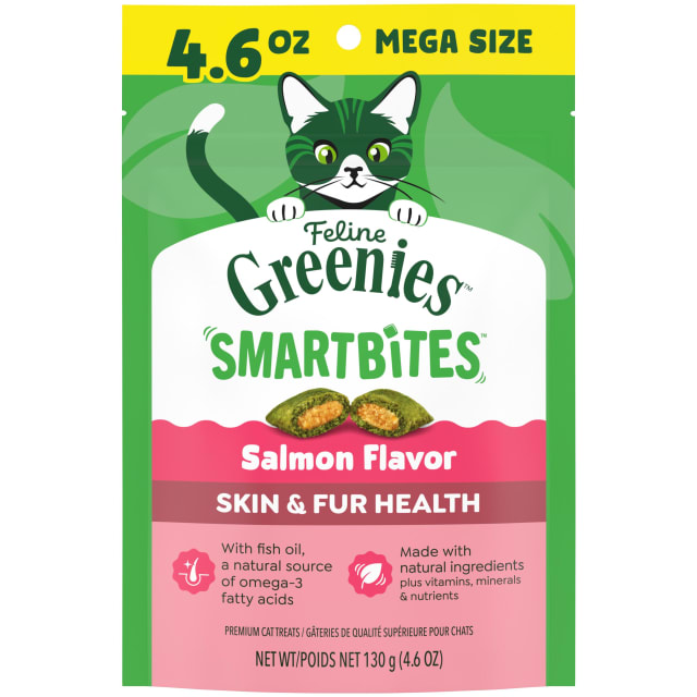 FELINE GREENIES SMARTBITES Skin & Fur Crunchy and Soft Natural Cat Treats, Salmon Flavor, 4.6 oz. Pack