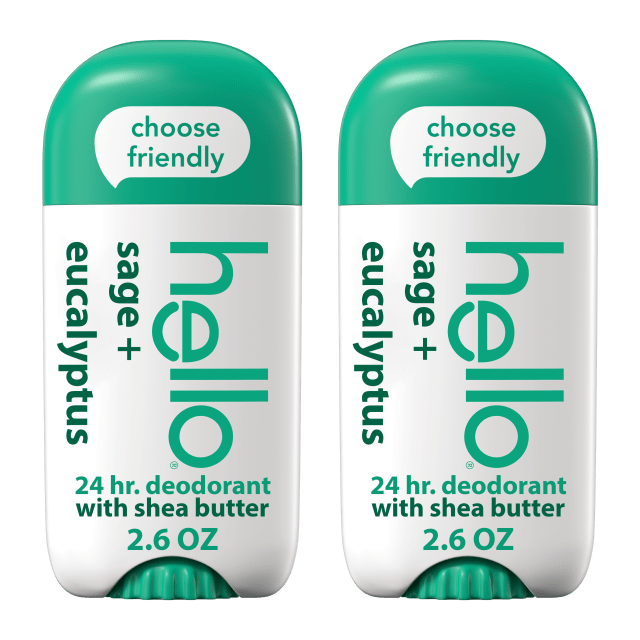 hello Sage + Eucalyptus Aluminum Free Deodorant for Women and Men with Shea Butter, 24-Hour Freshness, Baking Soda Free Deodorant, Dermatologically Tested, 2.6 oz Stick (2 Pack)