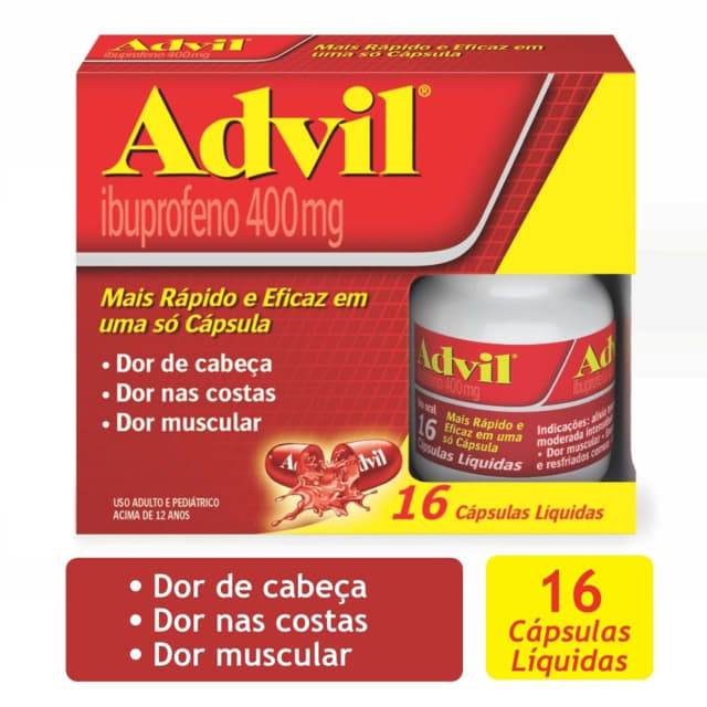Advil 400mg Ibuprofeno Alívio Rápido da Dor de Cabeça Frasco 16 Cápsulas